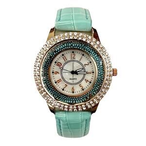 Women's RHINESTONE WATCH With MOVING BEADS Aqua Blue Band - NEW BATTERY